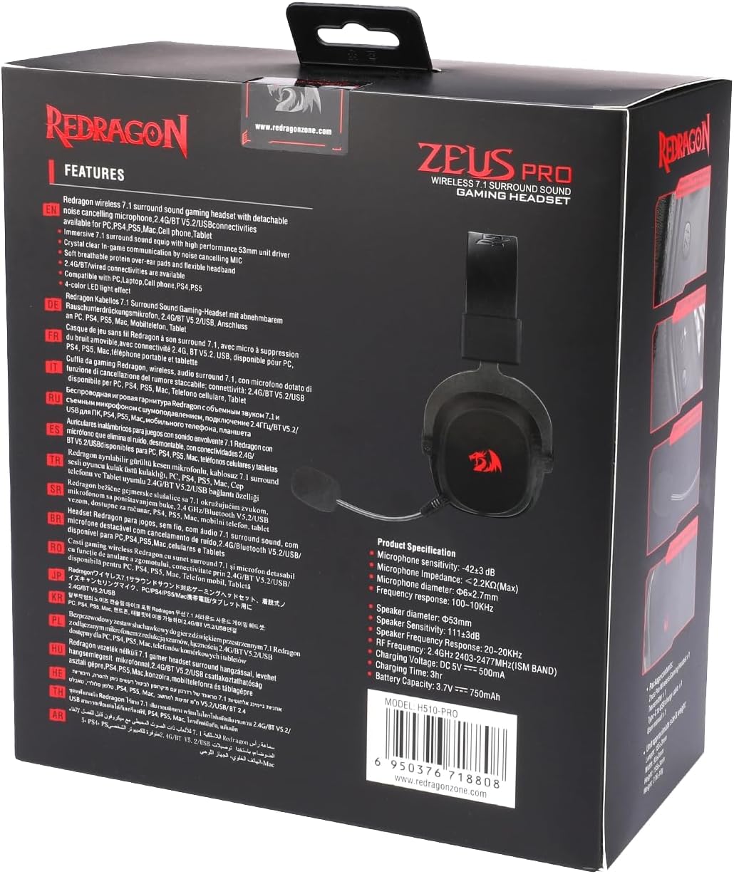 Headset Gamer Redragon Zeus Pro Preto Sem Fio 7.1 H510-PRO