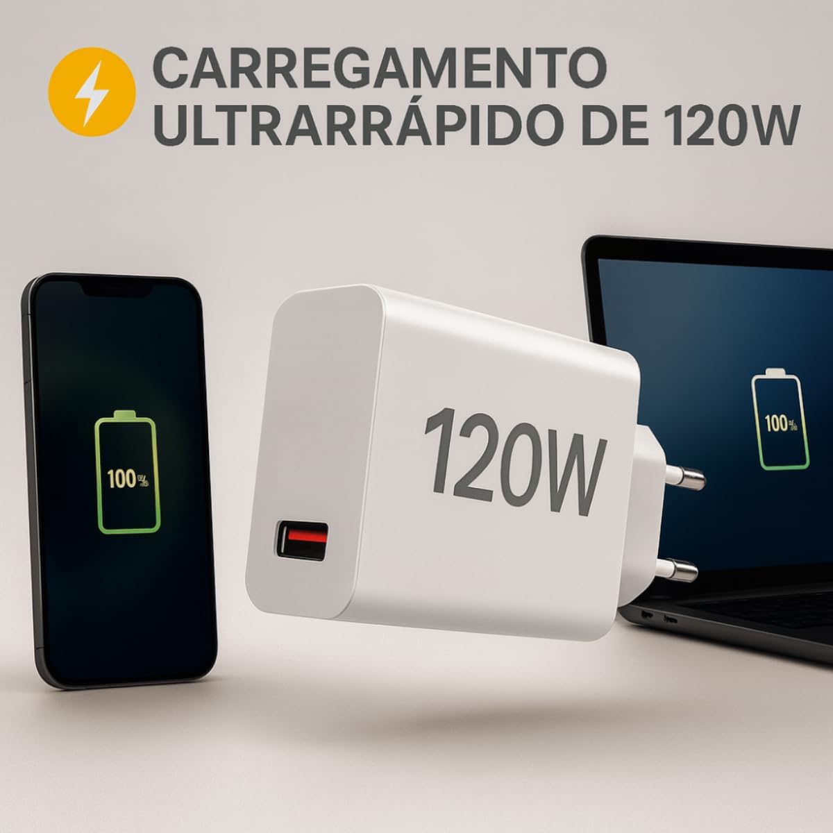 Carregador Super Turbo 120W Tipo C (USB-A) + Cabo USB-C de 1m, Compatível com Iphone,Android, Tablets, Notebooks Ultra Rapido Premium