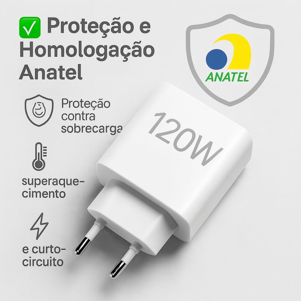 Carregador Super Turbo 120W Tipo C (USB-A) + Cabo USB-C de 1m, Compatível com Iphone,Android, Tablets, Notebooks Ultra Rapido Premium