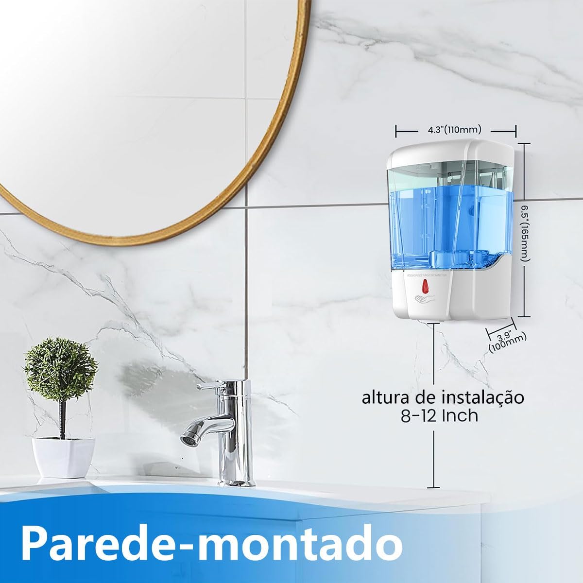 Dispenser de Parede Automático，Dispensador de Sabonete com Sensor Infravermelho, Resposta Ultra-Rápida, Pode ser Montado na Parede, Compatível com Sabonete Líquido, Gel de Álcool, Detergente, 700 ml.