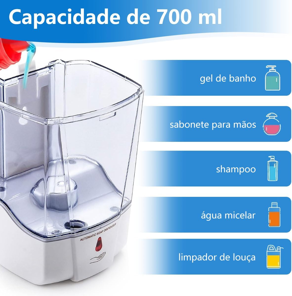Dispenser de Parede Automático，Dispensador de Sabonete com Sensor Infravermelho, Resposta Ultra-Rápida, Pode ser Montado na Parede, Compatível com Sabonete Líquido, Gel de Álcool, Detergente, 700 ml.