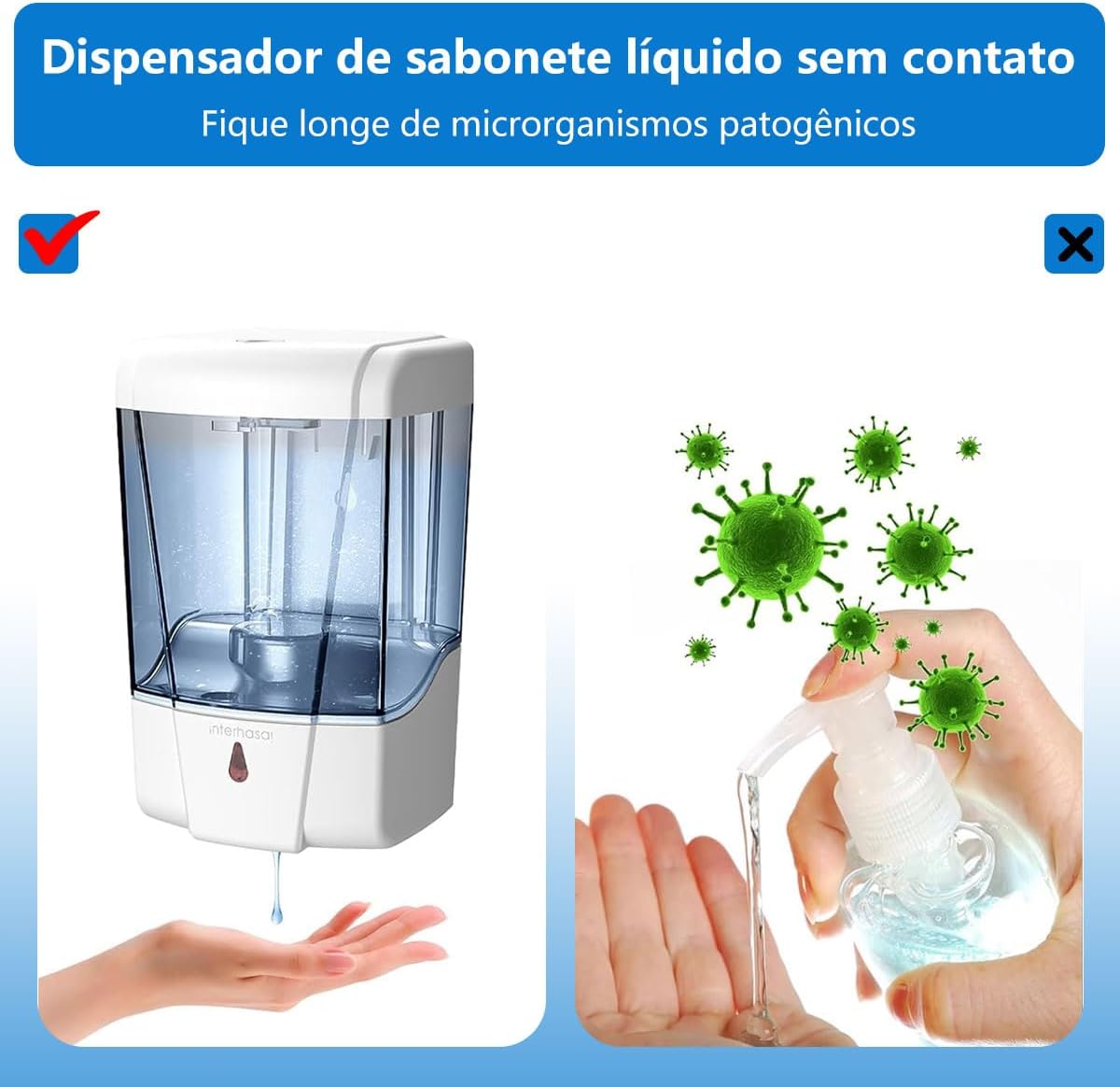Dispenser de Parede Automático，Dispensador de Sabonete com Sensor Infravermelho, Resposta Ultra-Rápida, Pode ser Montado na Parede, Compatível com Sabonete Líquido, Gel de Álcool, Detergente, 700 ml.