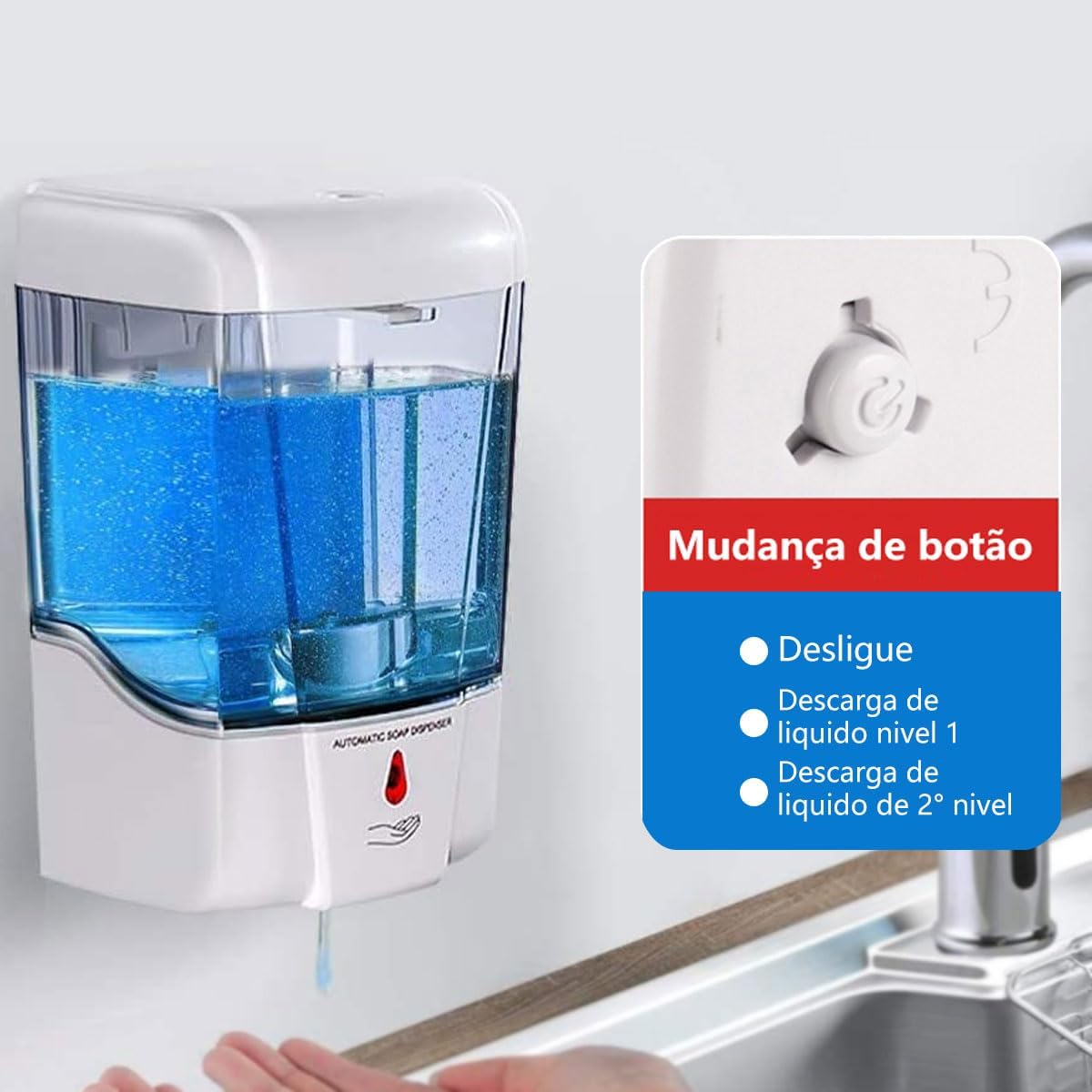 Dispenser de Parede Automático，Dispensador de Sabonete com Sensor Infravermelho, Resposta Ultra-Rápida, Pode ser Montado na Parede, Compatível com Sabonete Líquido, Gel de Álcool, Detergente, 700 ml.