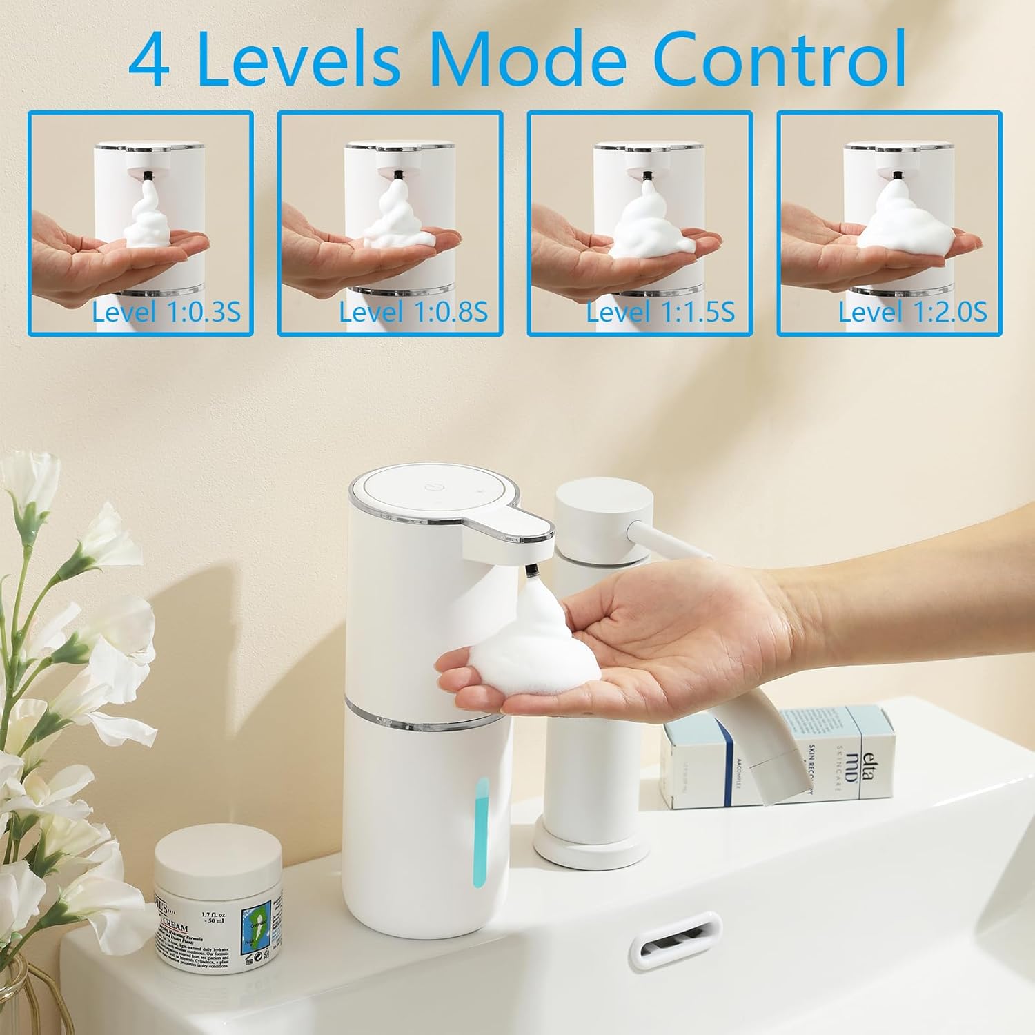 Dispensador automático de sabão espumante – 4 engrenagens de espuma ajustável, adesivo montado na parede – bomba de sabão recarregável para banheiro e cozinha, 368 g/380 ml sem toque