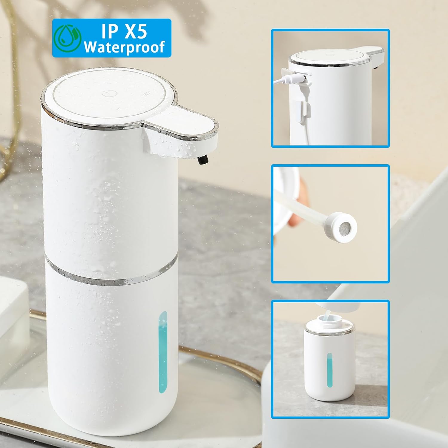 Dispensador automático de sabão espumante – 4 engrenagens de espuma ajustável, adesivo montado na parede – bomba de sabão recarregável para banheiro e cozinha, 368 g/380 ml sem toque