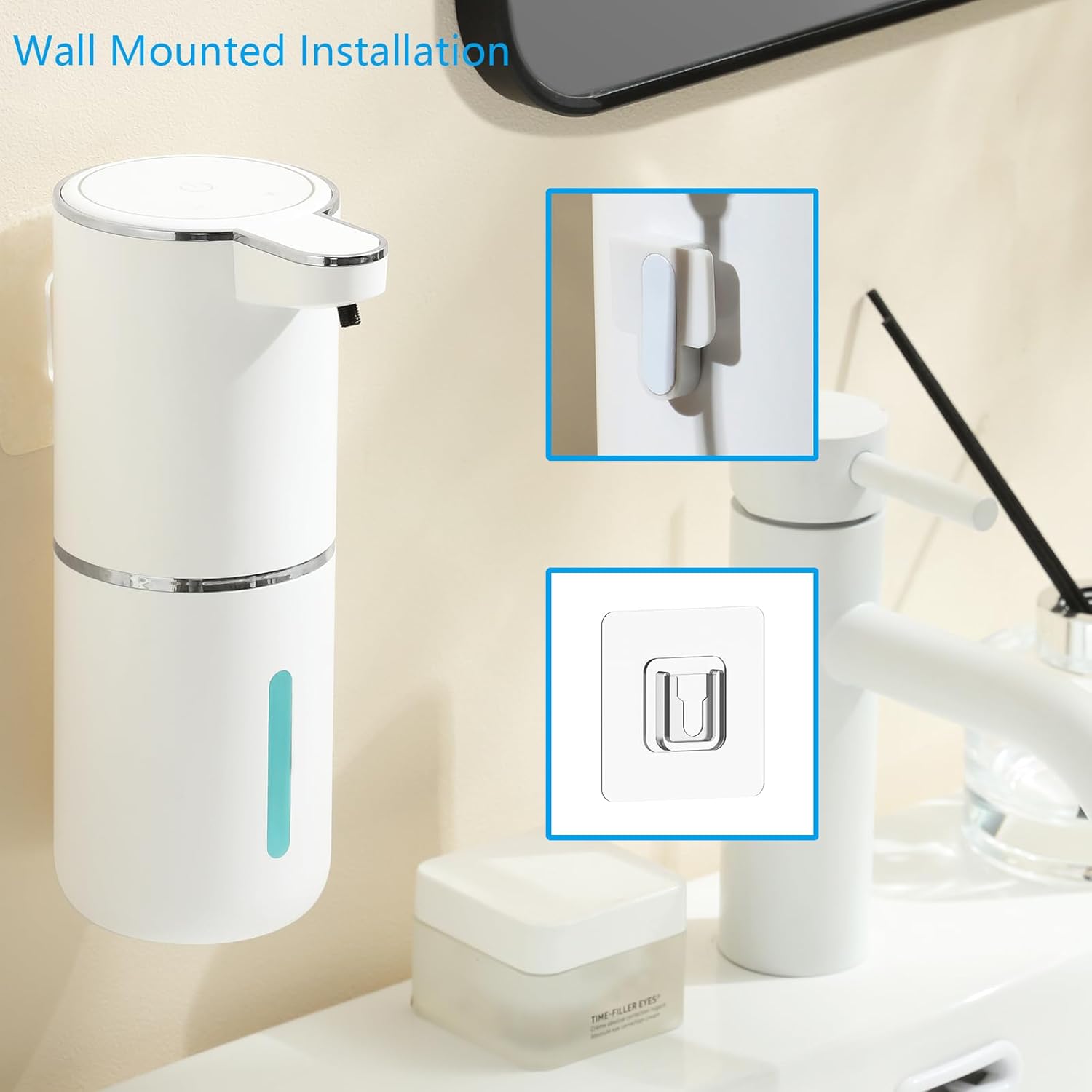 Dispensador automático de sabão espumante – 4 engrenagens de espuma ajustável, adesivo montado na parede – bomba de sabão recarregável para banheiro e cozinha, 368 g/380 ml sem toque