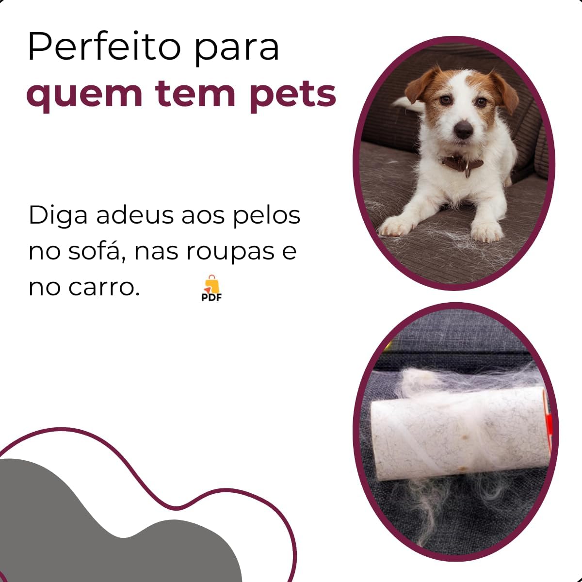 Kit 2 Rolos Tira Pelo Pet Cabelo Bolinha Roupa Sofá Adesivo Removedor Mais 4 Refil Total 180 Folhas