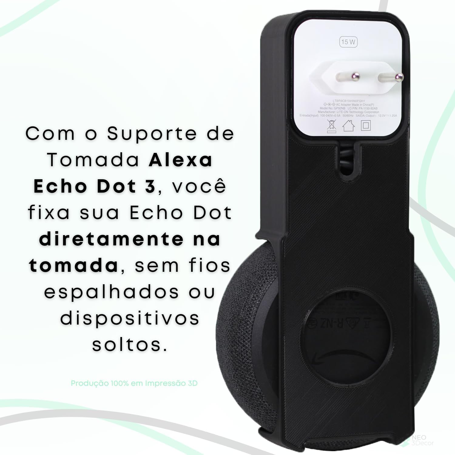 Suporte Stand De Tomada Alexa Amazon Echo Dot 3 – Esconde o Fio, Instalação sem Furos – Design Minimalista – NEOImpressão 3D