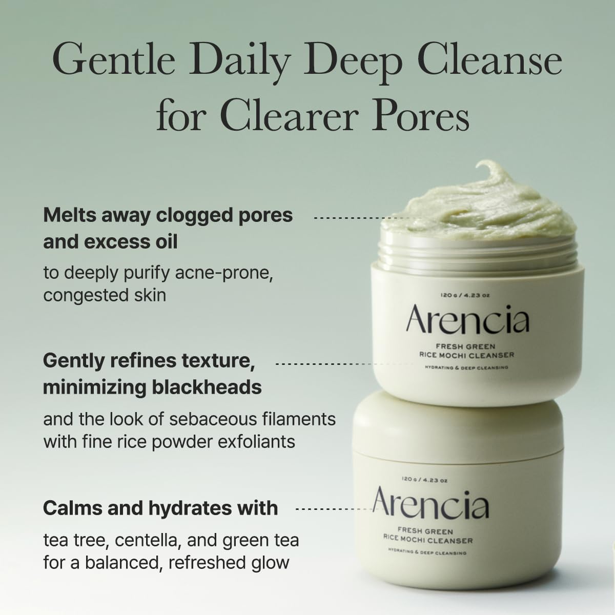 ARENCIA Korean Rice Cake Face Cleanser & Daily Scrub - Moisturizing, Brightening & Deep-Cleansing - All Skin Types, Vegan, Organic - with Rice Powder, Rice Water & Green Tea (4.23oz)