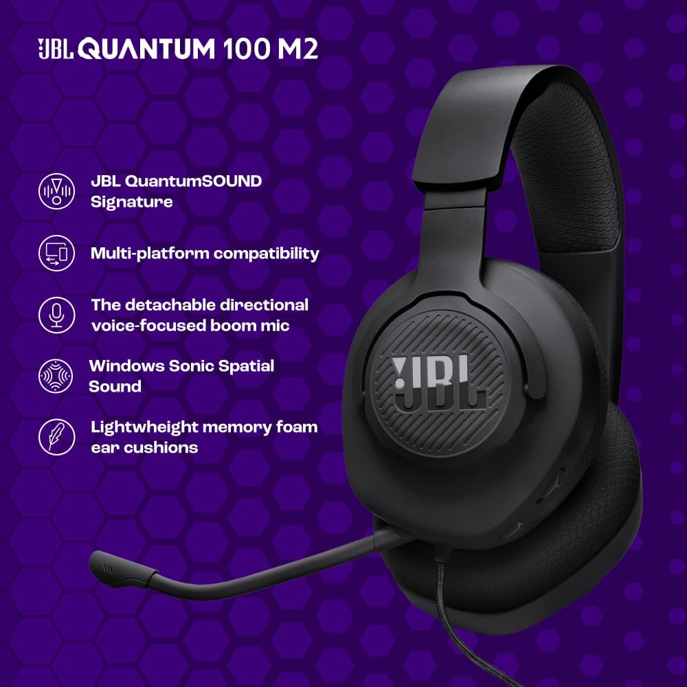 JBL, Fone de Ouvido Com Fio, Quantum 100M2, Headset Gamer, Over Ear, Microfone Removível - Preto