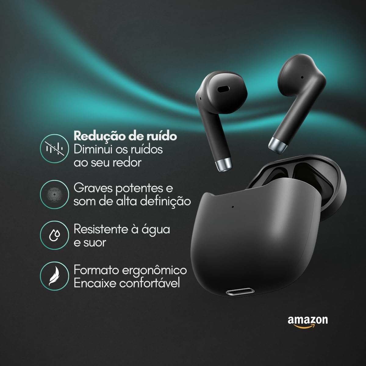 Fones de Ouvido Bluetooth 5.3 Fones de Ouvido Esportivos Academia Corrida Fitness Trabalho Musicas com IPX4 à Prova d'Água Fones de Ouvido de Graves Profundos para iOS Android Tipo-C Preto - Premium®